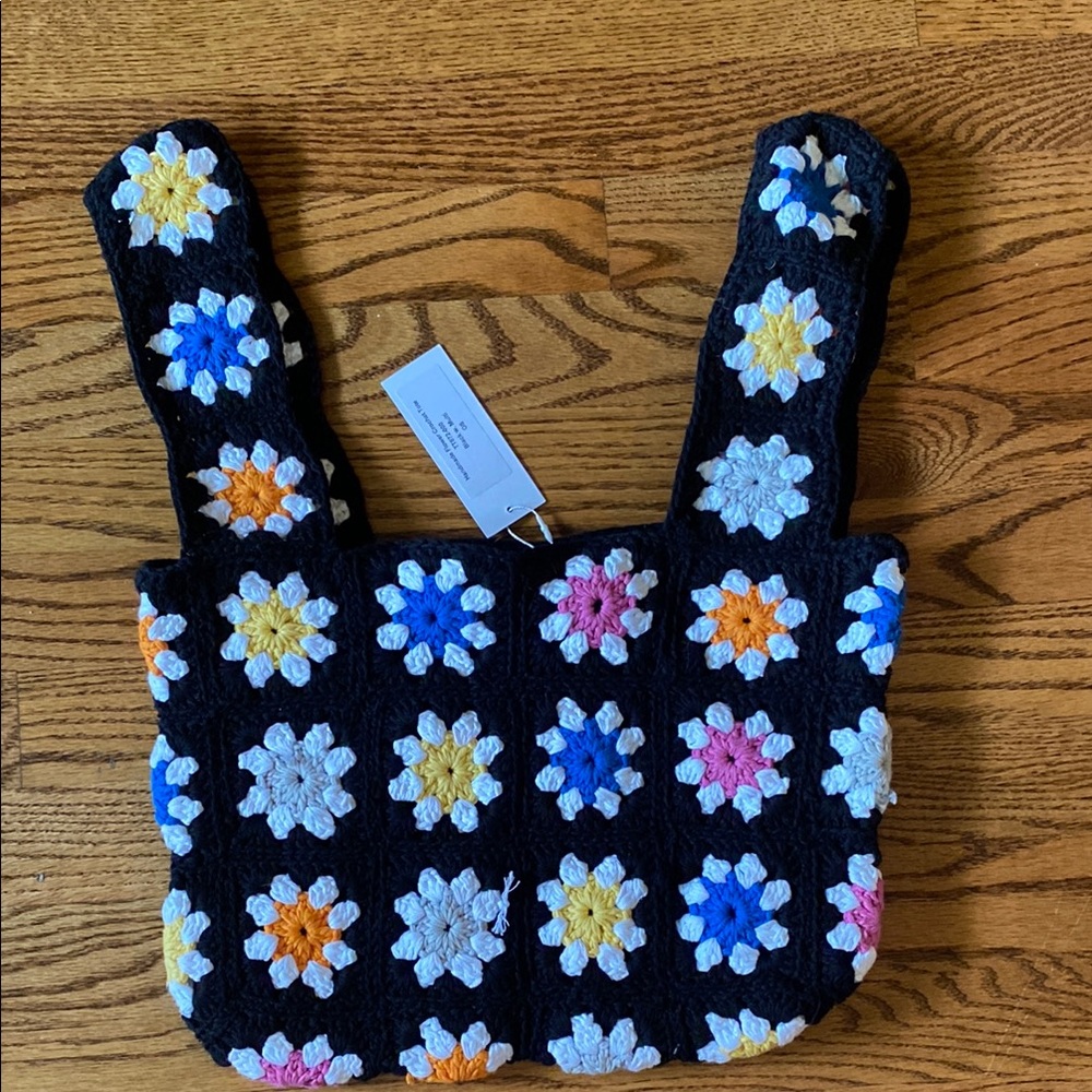 Floral Crochet Tote Bag - Black Multicolor